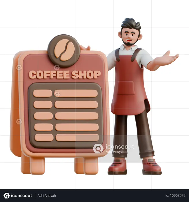 Barista apresenta cardápio de cafés  3D Illustration