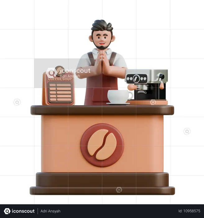 Barista cumprimenta clientes  3D Illustration