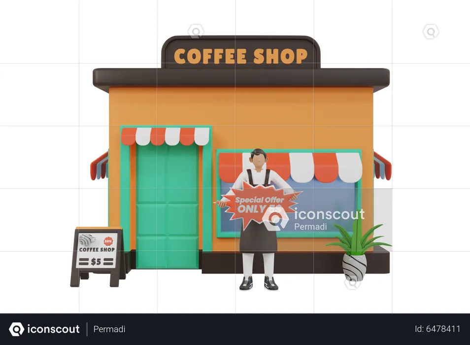 Barista giving special offer at coffee shop  3D Illustration