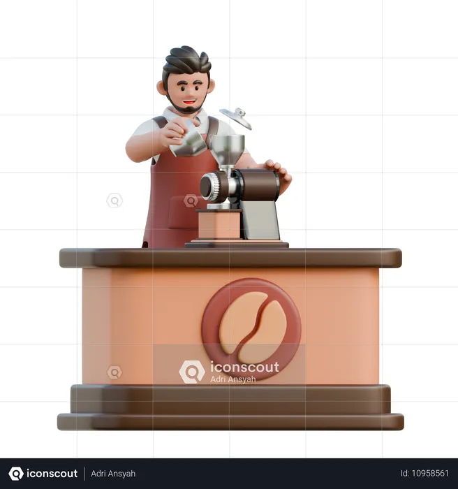 Barista usando um moedor elétrico  3D Illustration