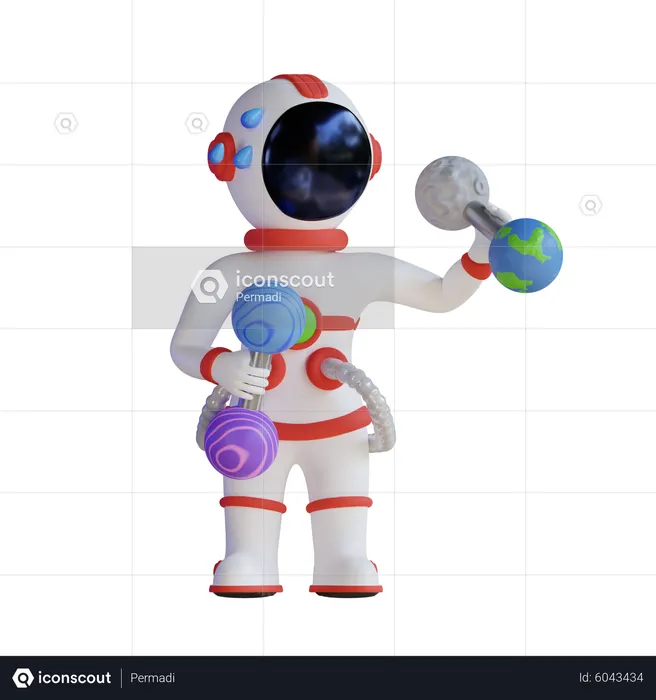 Astronauta levantando barra da lua e da terra  3D Illustration