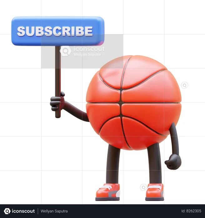 Basketball Character Holding Subscribe Sign  3D Illustration