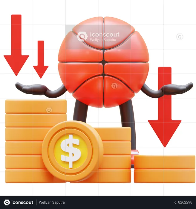 Basketball Character Showing Money Graph Falling Down  3D Illustration