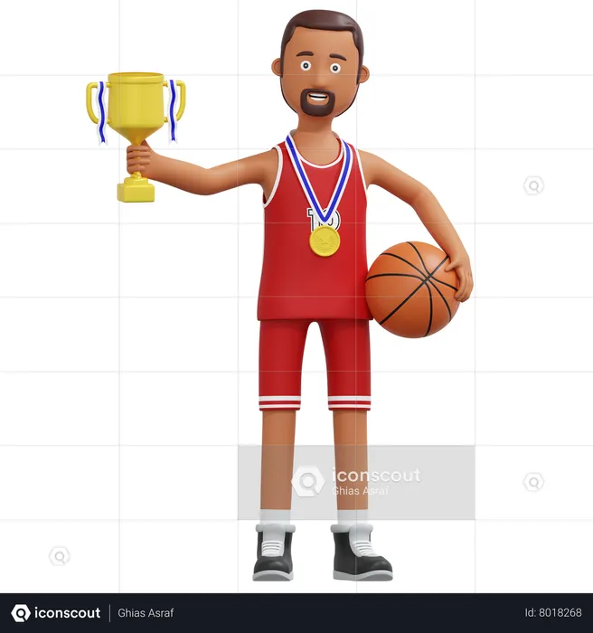 Basketball Player Champion Holding Gold Trophy  3D Illustration