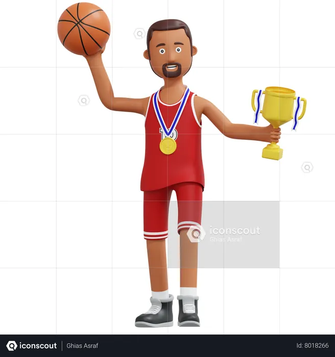Basketball Player Champion Holding Gold Trophy  3D Illustration