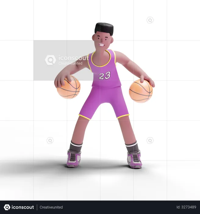 Basketball Player playing with two basketball  3D Illustration