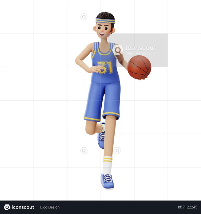 Basketballspieler tritt mit dem Ball nach oben  3D Illustration