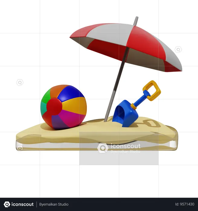 Beach Ball Umbrella And Sand  3D Icon