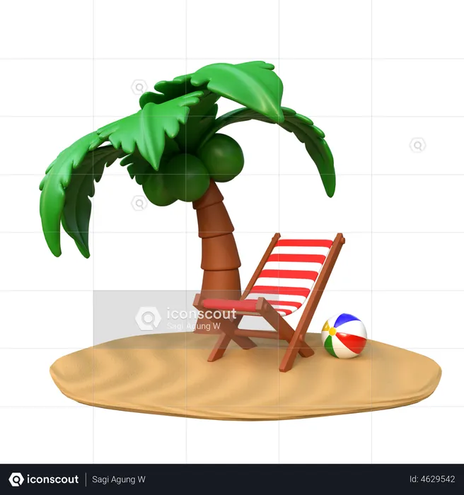 Beach deck and coconut trees on Island  3D Illustration