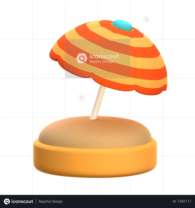 Beach Umbrella With Wooden Stick  3D Icon