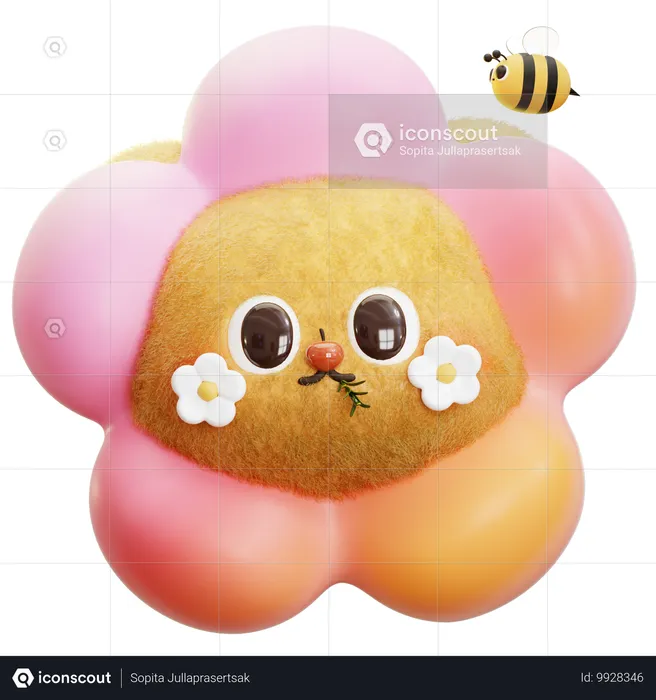 Bear with Flower head and Bee Emoji 3D Icon