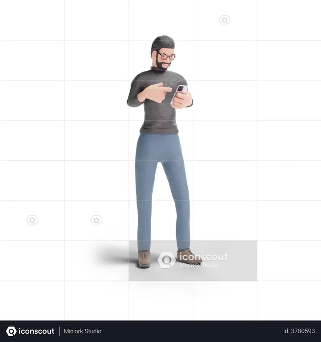 Beard man pointing into the phone  3D Illustration