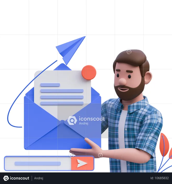 Beard Man Sending Mail  3D Illustration