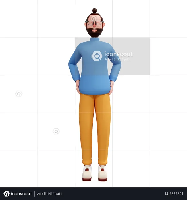 Beard man standing putting hands on waist  3D Illustration