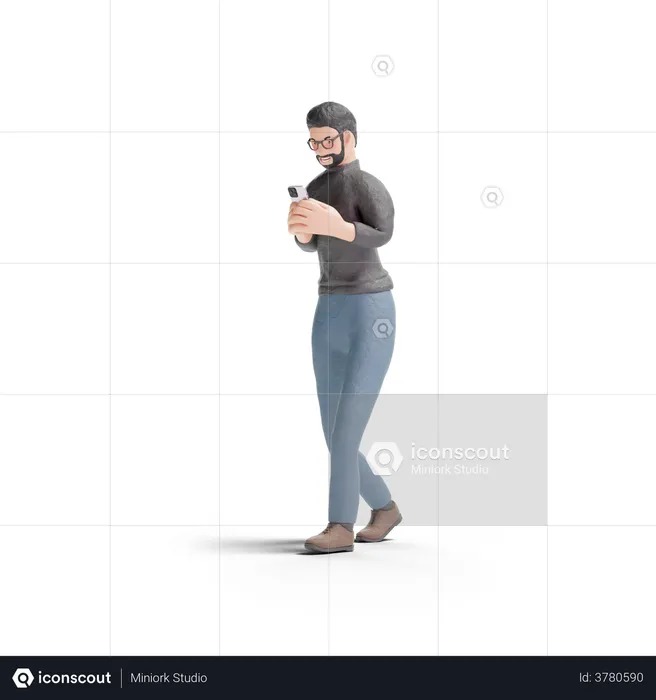 Beard man  using phone while walking  3D Illustration