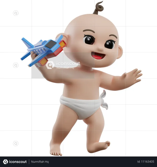 Bébé joue avec un avion jouet  3D Illustration