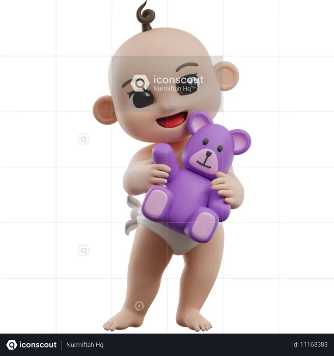 Bebé sosteniendo un osito de peluche morado  3D Illustration