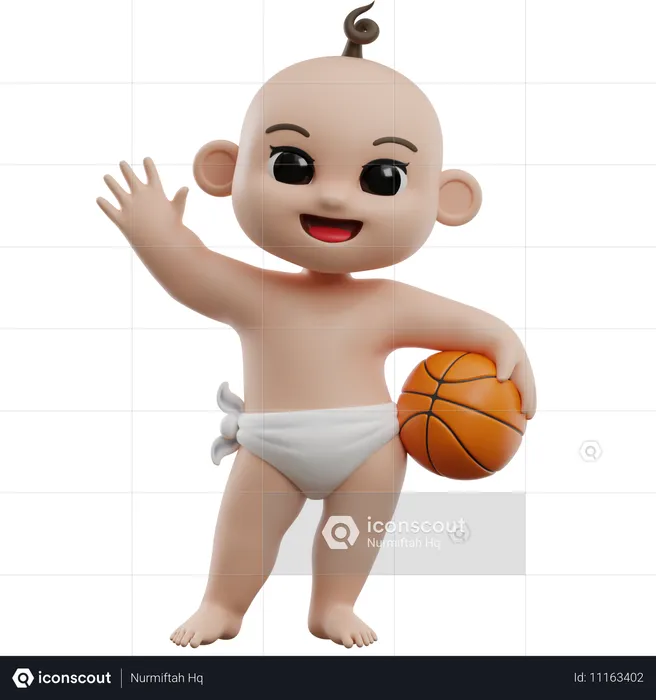 Bebé sosteniendo una pelota de baloncesto  3D Illustration