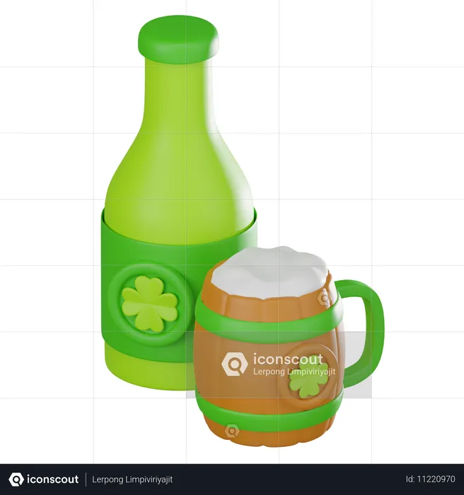 Beer Bottle And Glass  3D Icon