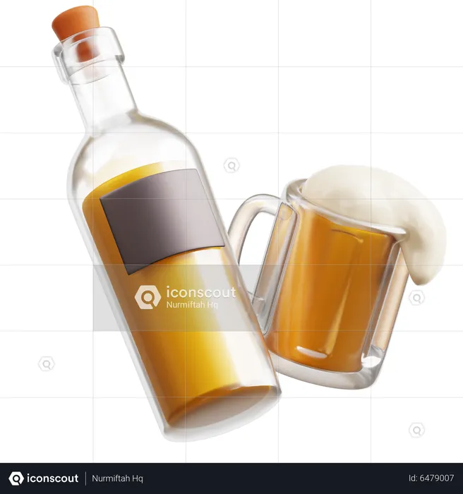 Beer Bottle And Glass  3D Icon