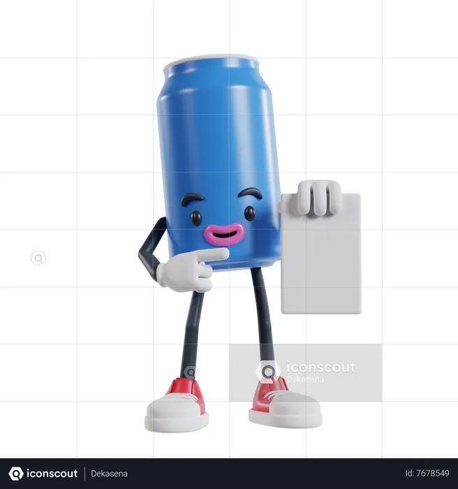 Beverage can character holding white paper and pointing with index finger  3D Illustration