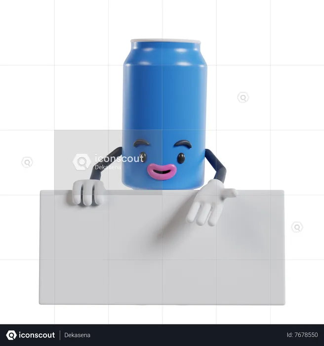 Beverage cans character standing behind white banner and showing pose with left hand  3D Illustration