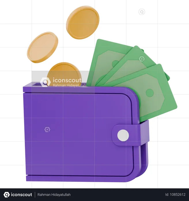 Billetera con dinero en efectivo y monedas  3D Icon