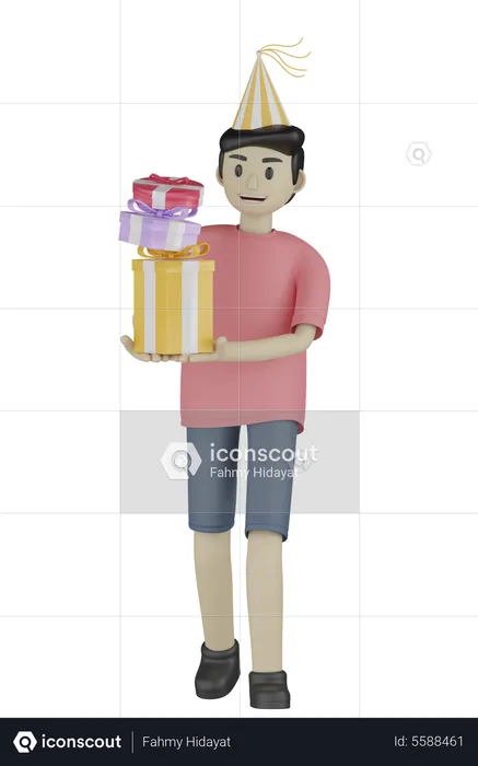 Birthday Boy Holding Gifts  3D Illustration