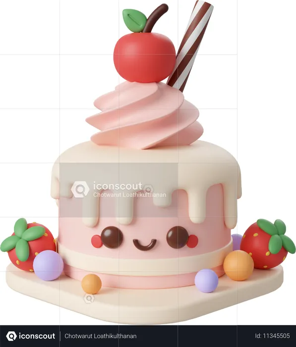 Birthday cake with cherry decorated by strawberry  3D Icon