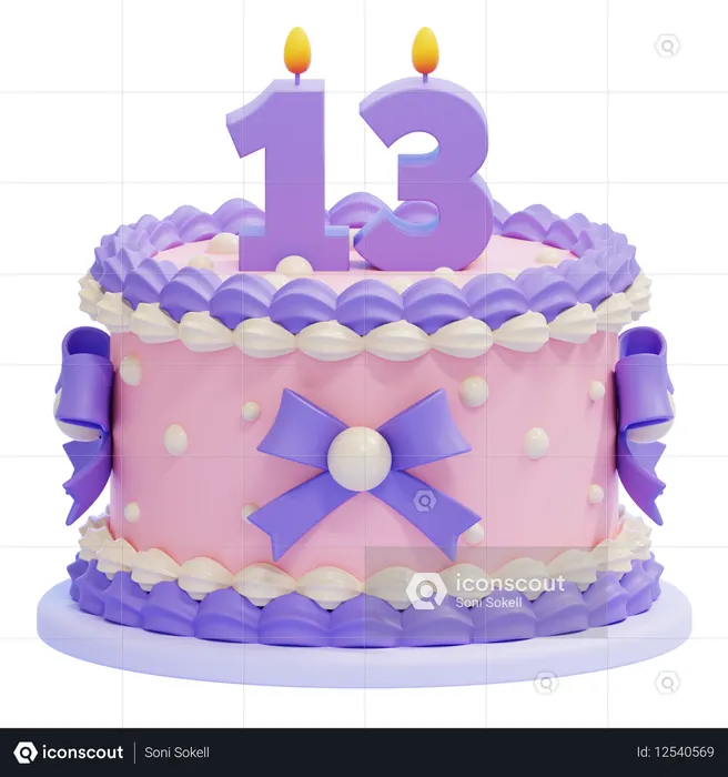 13번 촛불이 켜진 생일 케이크  3D Icon
