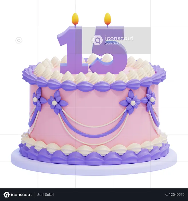 15번 촛불이 켜진 생일 케이크  3D Icon