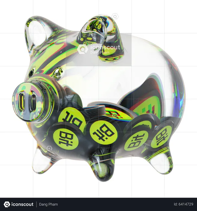 Bit Clear Glass Piggy Bank With Decreasing Piles Of Crypto Coins  3D Icon
