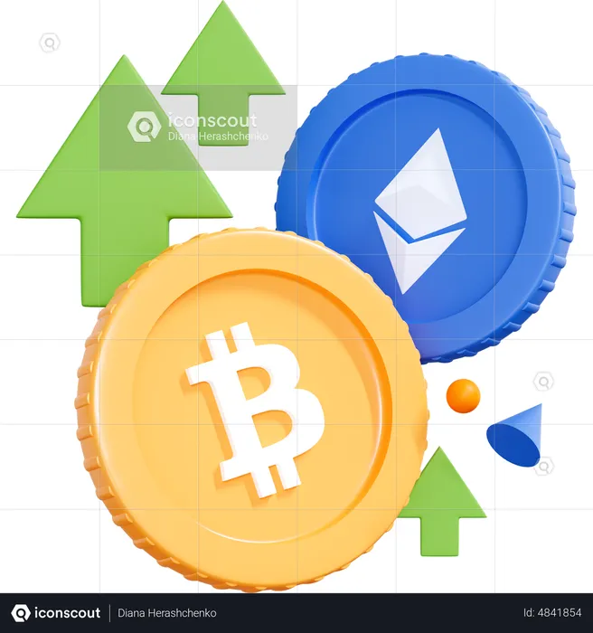 Bitcoin And Ethereum Coins With Green Up Arrow  3D Icon
