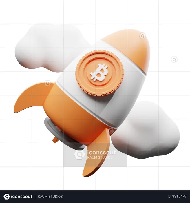 Bitcoin rocket in clouds  3D Illustration