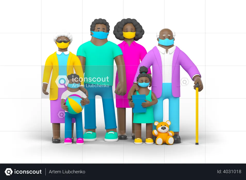 Black family wearing mask  3D Illustration