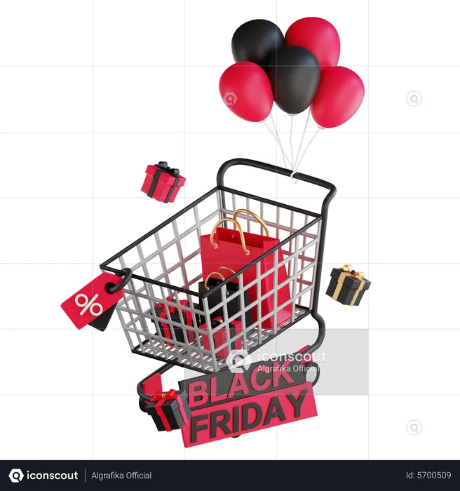 Black friday balloons with cart  3D Illustration