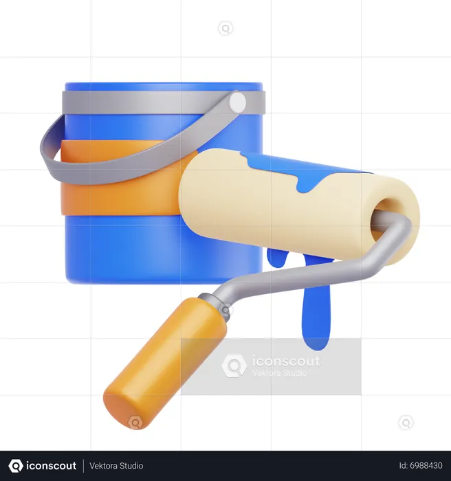 Blue Paint Bucket With Roller  3D Icon