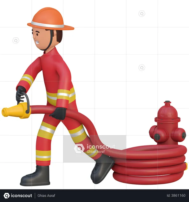 Bombero sosteniendo manguera de agua  3D Illustration