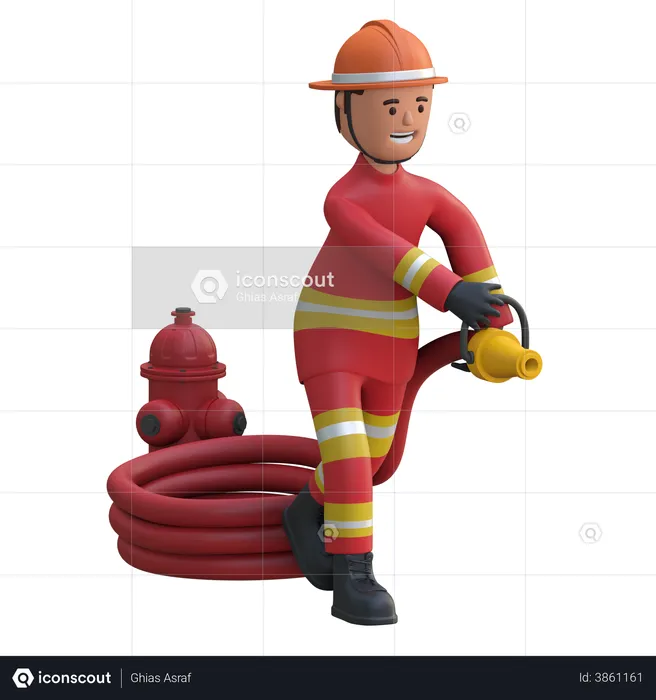 Bombero sosteniendo manguera de agua  3D Illustration