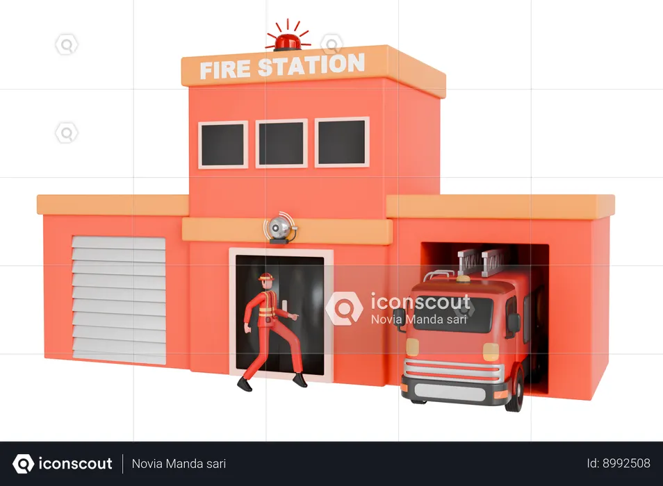 Trabajadores de bomberos en alerta de emergencia de incendio  3D Icon