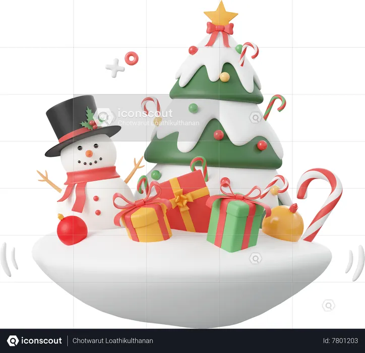 Bonhomme de neige avec arbre de Noël et boîte-cadeau  3D Icon