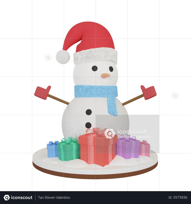 Bonhomme de neige avec des cadeaux  3D Illustration