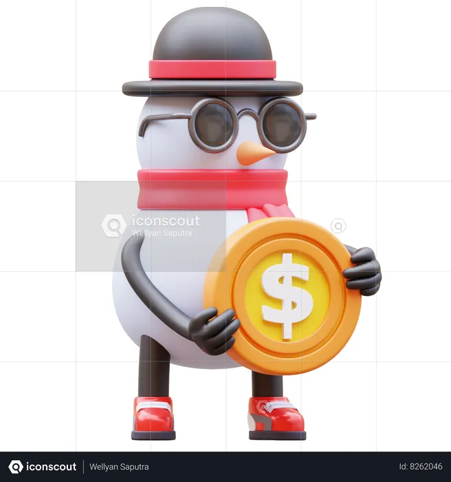 Personnage de bonhomme de neige tenant une pièce de monnaie  3D Illustration