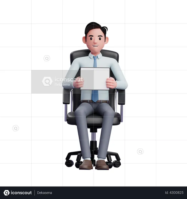 Empresário bonito sentado na cadeira do escritório segurando o tablet e mostrando a tela da paisagem do tablet  3D Illustration