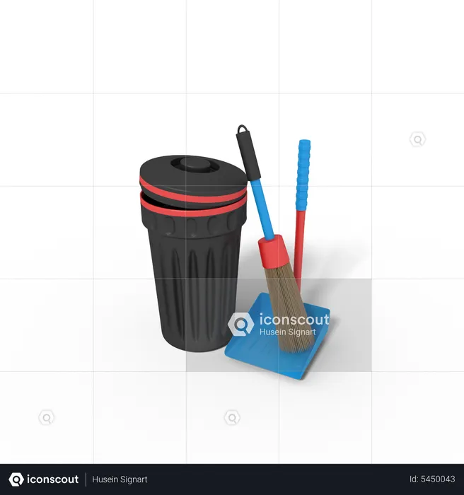 Bote de basura y escoba  3D Icon