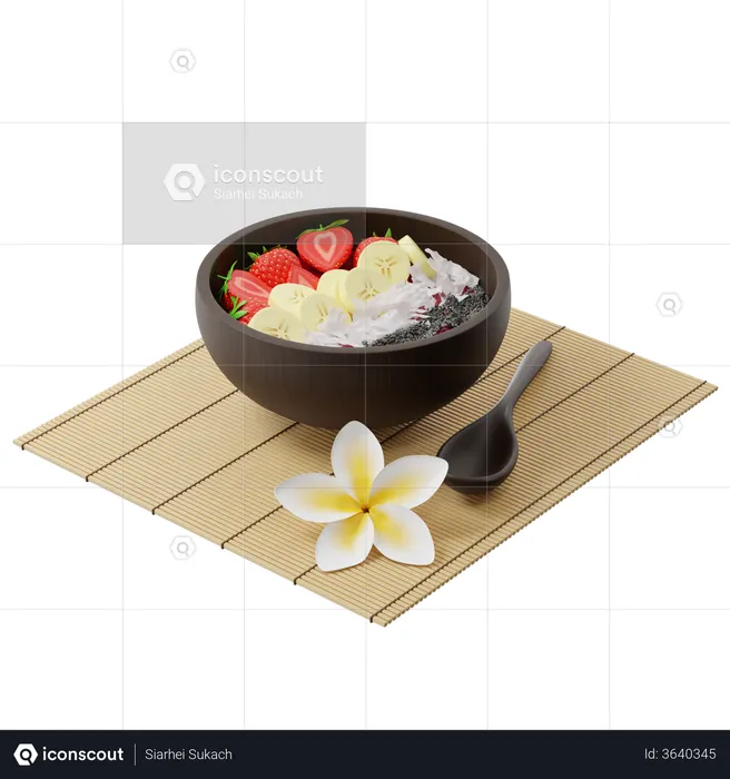Bowl of berry smoothie with strawberry, banana, coconut and chia seeds on a bamboo mat  3D Illustration