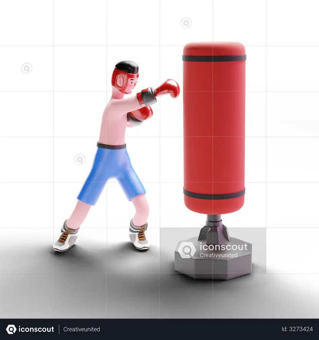 Boxer doing practice with punching bag  3D Illustration