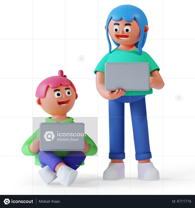 Boy and girl carrying laptop for online study  3D Illustration