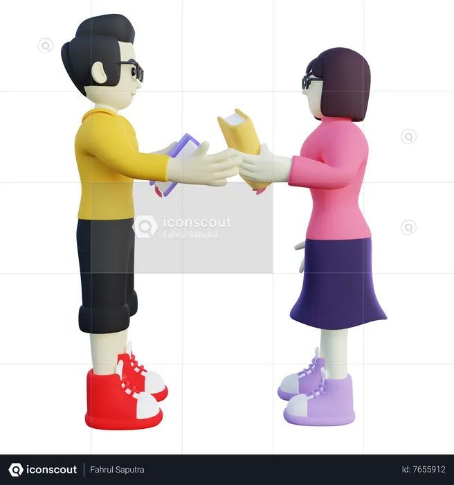 Boy and Girl Doing Book Swap  3D Illustration