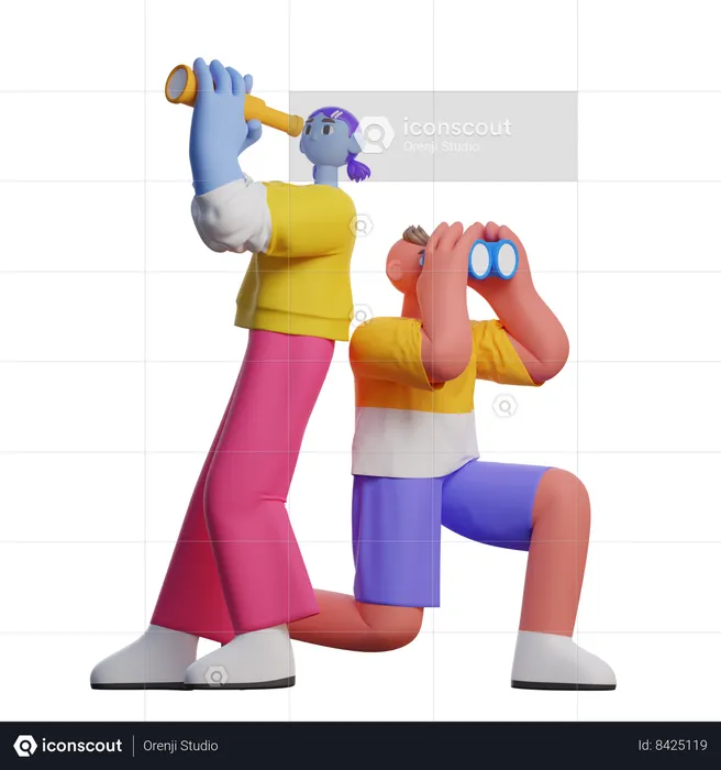 Boy And Girl Holding Binoculars  3D Illustration
